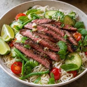 Insalata di noodles di riso con bistecca, aglio e lime in una ciotola