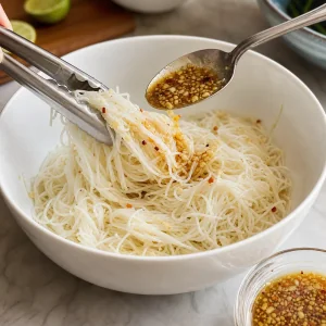 Noodles di riso separati con un po’ di condimento