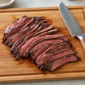 Fette sottili di bistecca riposata su un tagliere