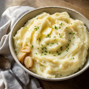 Purê de batatas com alho finalizado com manteiga e cebolinha