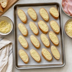 Baguettescheiben mit Knoblauchbutter auf einem Backblech