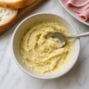 Knoblauchbutter mit Senf und schwarzem Pfeffer in einer Schuessel