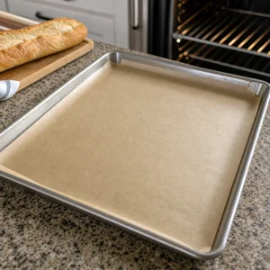 Mit Backpapier ausgelegtes Blech bereit fuer die Toasts