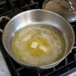 Butter melting and foaming in a wide saute pan