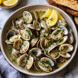 Clams served with wine butter broth, herbs, lemon wedges, and grilled bread