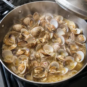 Clams steaming open in wine butter broth in a saute pan
