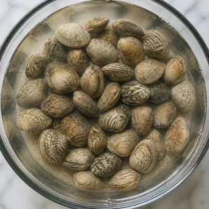 Small clams soaking in a bowl of cool water