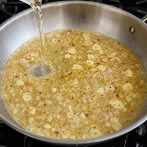 White wine simmering with butter, garlic, and shallot in a pan