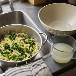 Drained pasta and broccoli rabe with reserved pasta water