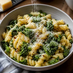 Finished broccoli rabe pasta topped with grated cheese