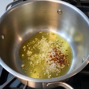 Olive oil with minced garlic and red pepper flakes in a pot