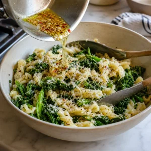 Pasta and broccoli rabe being tossed with garlic oil and cheese