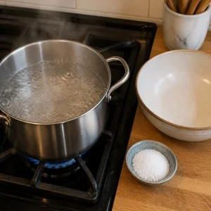 Pot of boiling salted water with an empty serving bowl nearby