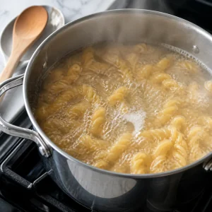 Short pasta boiling in a large pot of water