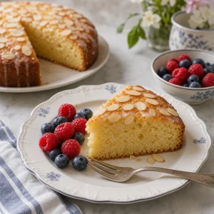 Uma fatia de bolo de Páscoa de amêndoa e limão servida com frutas vermelhas frescas.