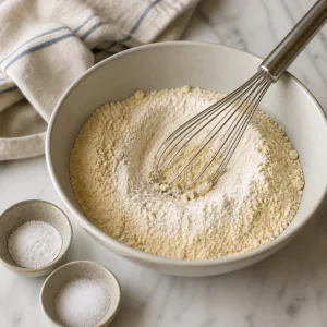 Ingredientes secos do bolo de amêndoa misturados em uma tigela.