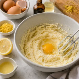 Ovos e aromas de limão sendo misturados à massa de amêndoa e limão.