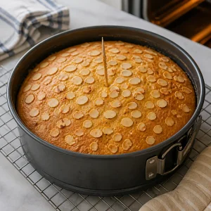 Bolo dourado de amêndoa e limão assado com teste do palito no centro.