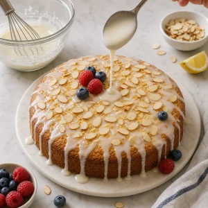 Glacê liso de limão sobre o bolo de amêndoa frio com amêndoas e frutas vermelhas.