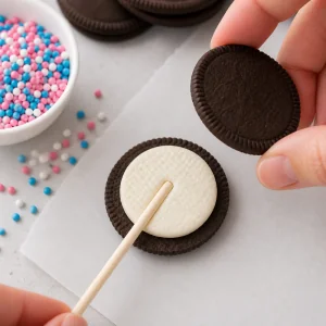 Chocolate sandwich cookie opened with a lollipop stick in the cream