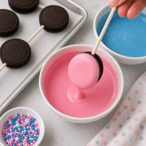 Cookie pop dipped into glossy pink candy coating