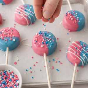 Sprinkles scattered over freshly dipped pink and blue cookie pops