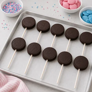 Uncoated cookie pops lined on a parchment baking sheet