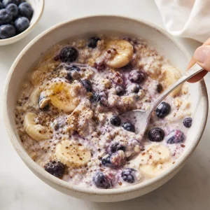 Tigela de aveia com banana e mirtilos levemente misturada para combinar texturas cremosas