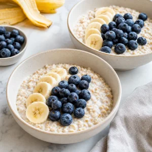 Tigelas de aveia cremosa cobertas com banana fatiada e mirtilos