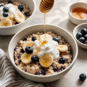 Iogurte de coco e mel adicionados a uma tigela de aveia com banana e mirtilos