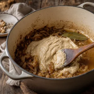 Pasta orzechowa mieszana z cebula i lisciem laurowym