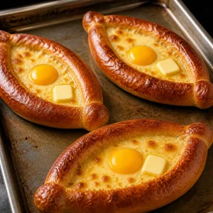 Egg yolk and butter added to hot cheese-filled khachapuri