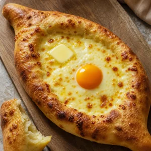 Finished boat-shaped khachapuri with melted cheese, butter, and egg yolk