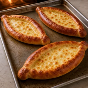 Golden baked khachapuri with bubbling cheese centers