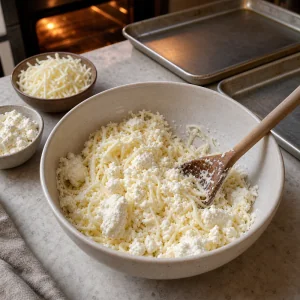 Mozzarella, feta, and ricotta mixed in a bowl