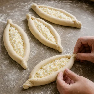 Unbaked cheese-filled khachapuri boats being pinched closed