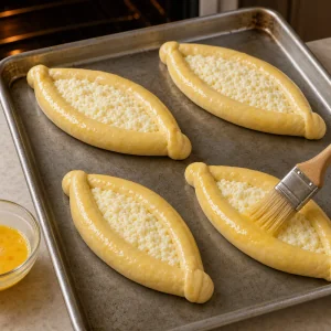 Unbaked khachapuri brushed with egg wash on a baking sheet