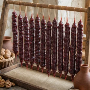 Churchkhela hanging to dry after final dip