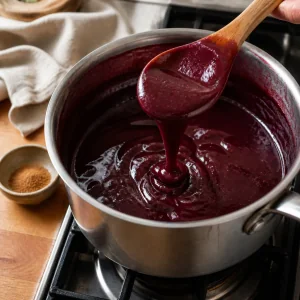 Thick grape glaze coating the back of a spoon