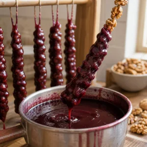 Threaded walnuts dipped into grape glaze