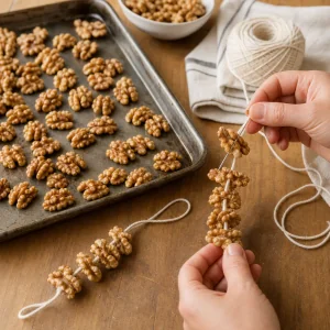 Toasted walnuts threaded onto cotton twine