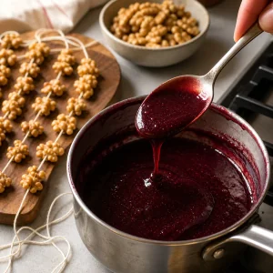 Warm grape glaze tested for cling on a spoon