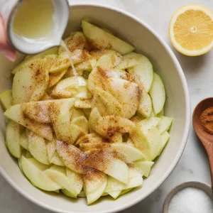 Apple slices tossed with lemon juice, cinnamon and sugar.