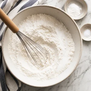 Dry flour mixture whisked for German apple kuchen batter.