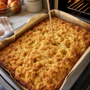 Golden baked apple streusel kuchen tested with a skewer.