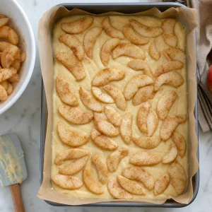 Macerated apple slices spread over kuchen batter.