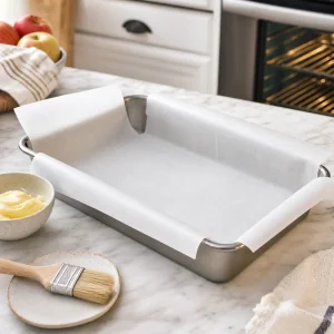 Parchment-lined baking pan prepared for German apple streusel kuchen.