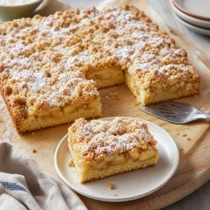 Sliced apple streusel kuchen dusted with powdered sugar.