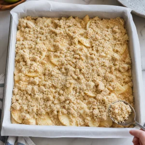 Streusel scattered over apples before baking the kuchen.