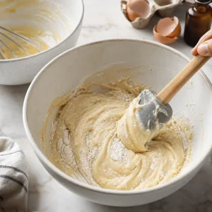 Vanilla yogurt batter folded until just combined.
